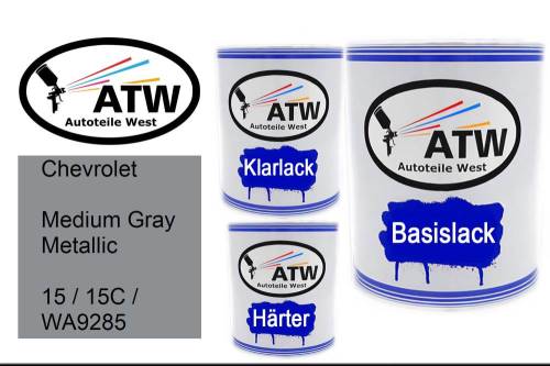 Chevrolet, Medium Gray Metallic, 15 / 15C / WA9285: 1L Lackdose + 1L Klarlack + 500ml Härter - Set, von ATW Autoteile West.